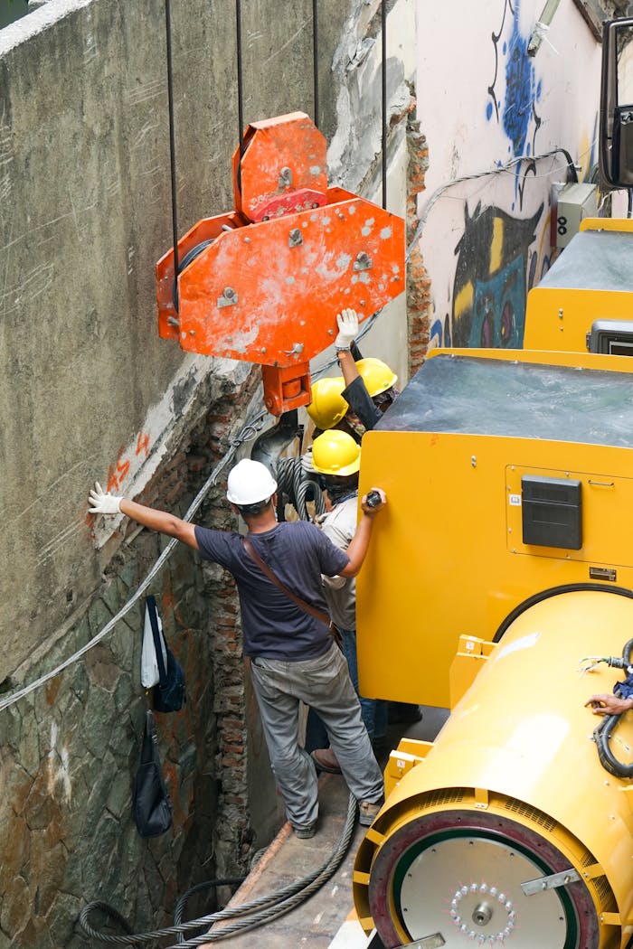 Workers with helmets operate machinery at a construction site in Jakarta, Indonesia.